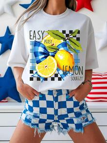Camiseta Mujer "Easy Peasy Lemon Squeezy" Estampado Limón y Cuadros Azules |   Casual Cute para Verano y Reuniones - Blanco - Ver 7