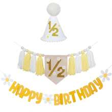 1/2/3 Peças Decorações de Festa de Aniversário com Tema de Margarida, Faixa de Cadeira Alta de Meio Aniversário, Bandeirinha de Meio Aniversário, Chapéu de Cone de 1/2 Ano, Decorações de Festa de Aniversário de 6 Meses, Decoração de Celebração de Feriado, Decorações de Aniversário com Borlas Brancas & Amarelas, Bandeirinha de Aniversário, Presente de Aniversário, Conjunto de Decoração de Aniversário Estilo Boêmio, Suprimentos para Festa - Vários estilos - Visão 2