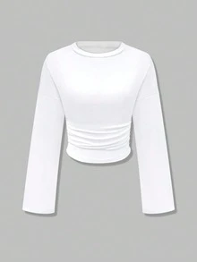 New Arrival Elegant Solid Color Ruched/Pleated Long Sleeve T-Shirt, Suitable For Daily, Office, Travel, All Seasons White Casual - White - View 6