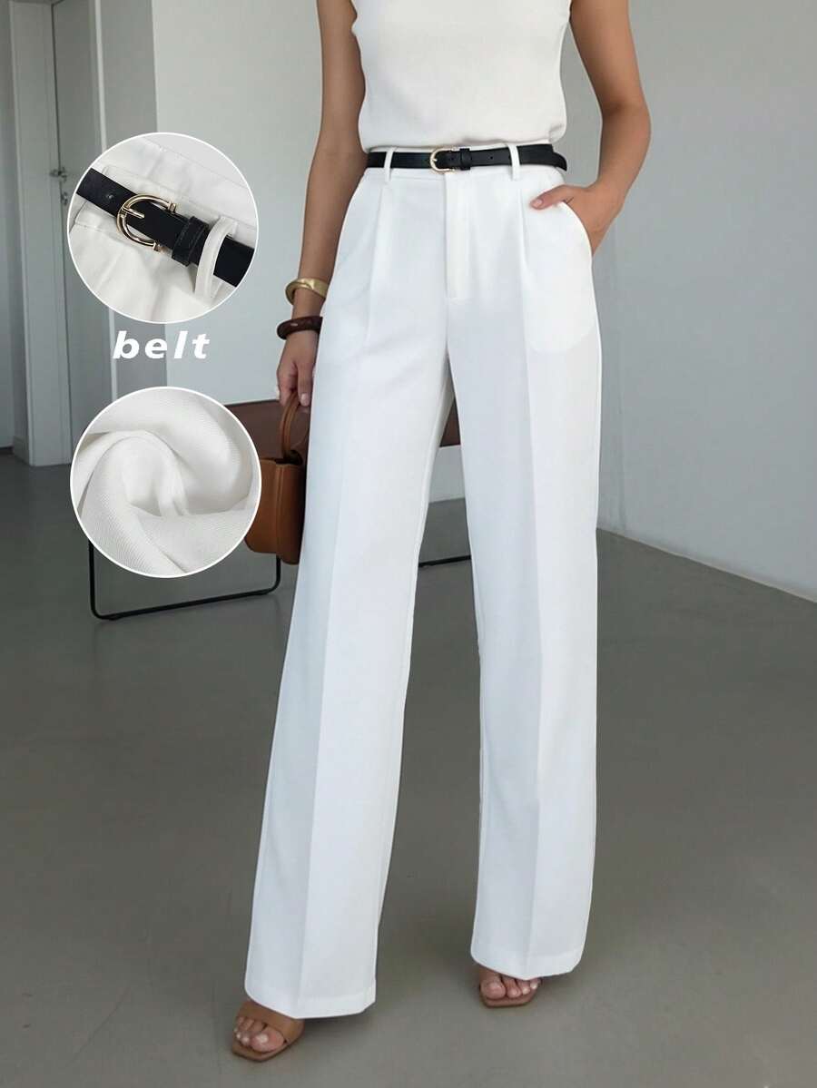Pantalones anchos de cintura alta y color blanco, de peso ligero, con detalles plisados, esenciales para el transporte y el uso diario (incluye cinturón) - Blanco - Ver 1