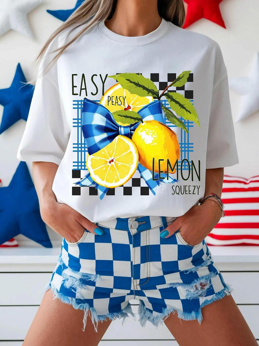 Camiseta Mujer "Easy Peasy Lemon Squeezy" Estampado Limón y Cuadros Azules | Casual Cute para Verano y Reuniones - Blanco - Ver 1