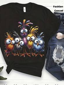 Camiseta con patrón de pájaros de dibujos animados coloridos, drtida y caprichosa camiseta negra con pájaros de plumas coloridas y vívidas, perfectara uso casual, ambiente de verano y - Top único y elegante para amantes de las aves con - Negro - Ver 2