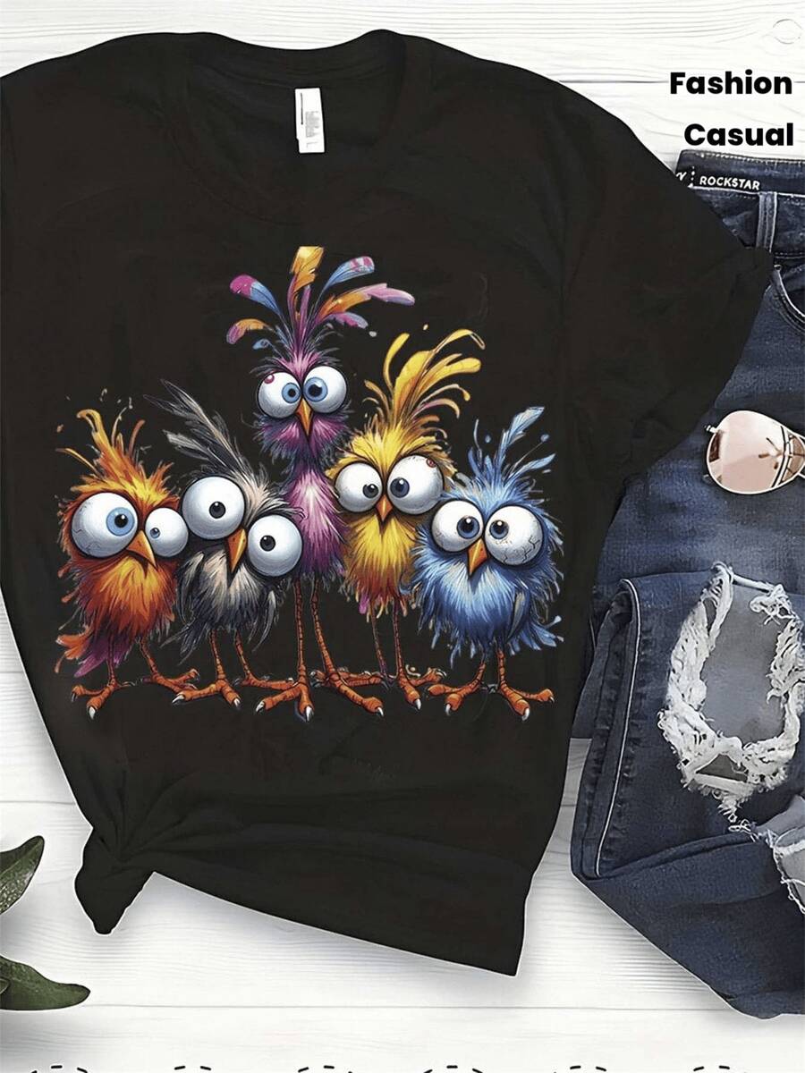 Camiseta con patrón de pájaros de dibujos animados coloridos, drtida y caprichosa camiseta negra con pájaros de plumas coloridas y vívidas, perfectara uso casual, ambiente de verano y - Top único y elegante para amantes de las aves con