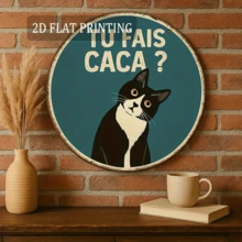 2D平面，8.0英寸圆形铁艺墙饰 - 趣味猫咪标语“Vous Faites Caca?”（你拉屎吗？），适用于客厅、办公室、厨房，幽默墙面艺术，猫咪爱好者礼物，独特家居装饰，猫咪墙画，办公室装饰，2D平面，预钻孔，款式如图所示 - 多色 - 查看 3