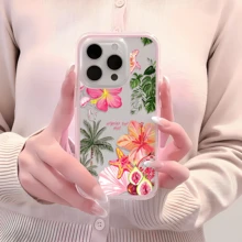 Ốp điện thoại trong suốt kiểu nghỉ dưỡng, viền hồng, thiết kế tối giản, họa tiết cây dừa và quả sung nhiệt đới, tương thích với iPhone 16 Pro Max, 17/16/15/14 Plus, 13/12/11, chống rơi vỡ, chống va đập. - Nhiều màu - Xem 3
