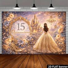 2D Backdrop - 2D Backdrop - 15th Birthday Girl Prom Backdrop, Featuring Gold Number 15, Ornate Floral Castle, And Crystal Chandeliers - Suitable For Indoor/Outdoor Party Decoration, 15th Birthday Celebration Photo Backdrop, No Power Required - 1PC - Xem 2