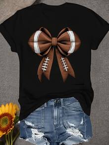 Camiseta de manga cortara mujer con diseño de lazo de fútbol americano, camiseta de moda urbana de alta calidad que no encoge ni forma bolitas (corte hoado, consulte la tabla de tallas) - Negro - Ver 2