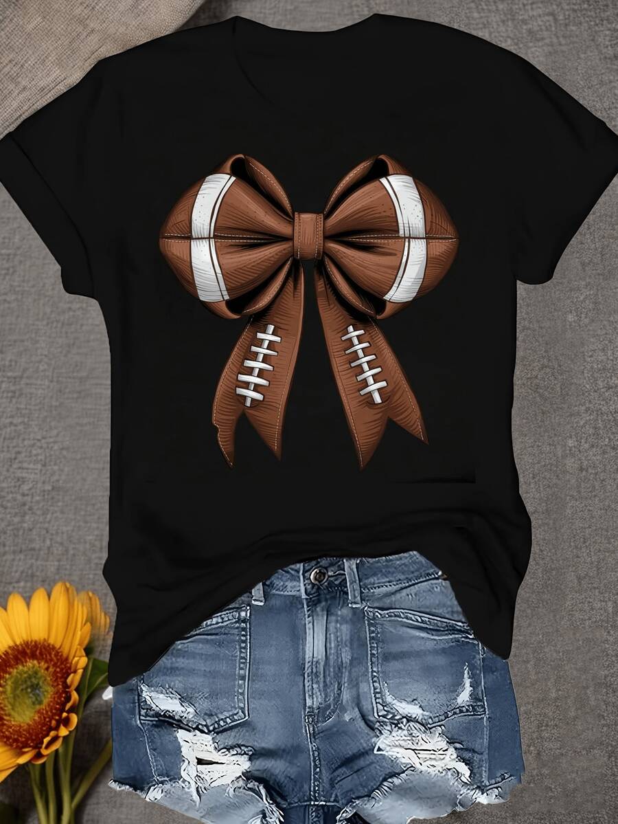 Camiseta de manga cortara mujer con diseño de lazo de fútbol americano, camiseta de moda urbana de alta calidad que no encoge ni forma bolitas (corte hoado, consulte la tabla de tallas)