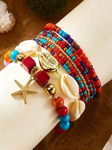 七件套奢华高端波西米亚风海滩贝壳海星手链套装，女士多层串珠可叠戴贝壳吊坠，海滨热带度假夏季饰品 - 銀色 - 查看 7