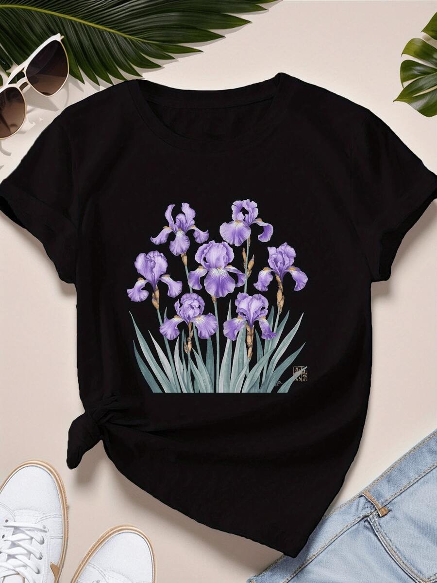 Camiseta de manga cortara mujer de uste hoado y tacto suave - Blusa de cuello redondo con estampado de iris, adecu para tallas S y ropa casual, prenda superior cómoda lavable a máquina con iris - Estilo de blusa versátil para uso diario (no transparente)