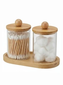 2/3 Piezas Juego de almacenamiento de hisopos de algodón para baño (los tamaños seleccionados incluyen bandeja) - Frascos dispensadores de hisopos de algodón de estilo de boticario de acrílico (con tapas) - Multicolor - Ver 3