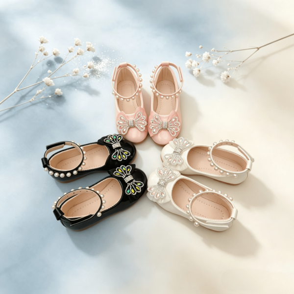 1 par Zapatos de princesa 2026 nuevos para niñas, zapatos Mary Jane con lazo de perlas y diamante de imitación, sandalias planas de suela blanda para niños adecuadas para el verano