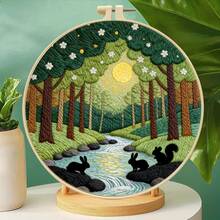 3 Sets Mori Style Embroidery Kits - Lily Of The Valley Rabbit/Starry Stream/Moonlit Forest DIY Handmade Embroidery, Healing Artistic Home Decor - Multicolor - View 7