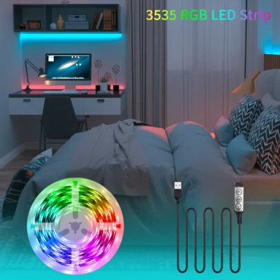 RGB LED灯带，三键控制，USB供电，可调光变色柔性灯带，适用于电视背光、卧室、游戏室、派对装饰