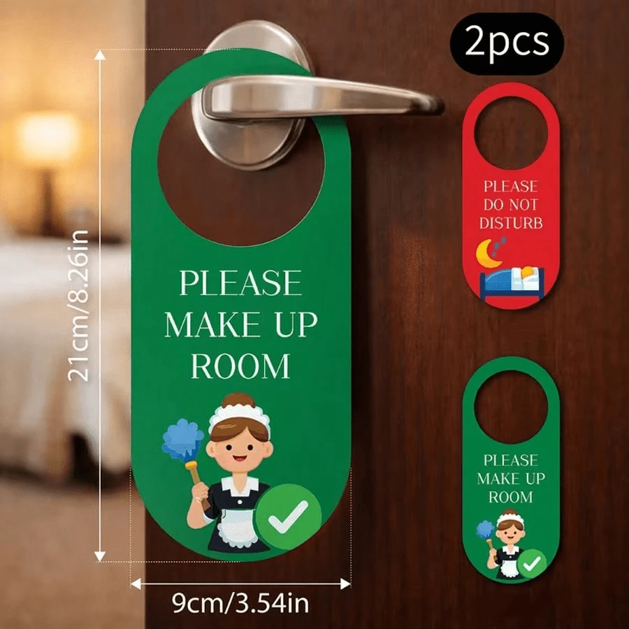 2pcs 2D Flat "Do Not Disturb" & "Please Clean Room" Signs | PVC Handle Tags, Suitable For Hotel, Motel, Airbnb Rooms, Modern Style - A - View 1