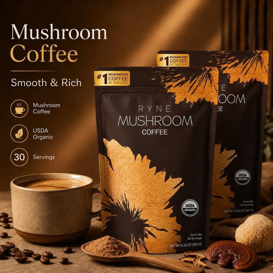 RYNE Smooth & Rich Mushroom Coffee USDA Organic 30 Servings Natural Adaptogenic Blend Clean Sustained Energy Morning Ritual Stress Relief Functional Coffee Drink Mix - 2 mặt hàng - Xem 1