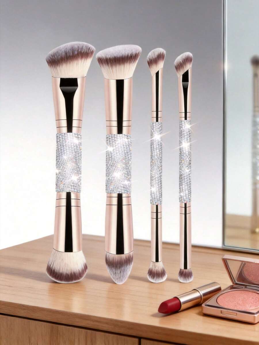 1 Set Shiny Rhinestone Professional Dual-Head Makeup Brush Set, Angled And Tapered Foundation Brushes, Multi-Functional Brushes, Women's Decorative Accessories, Travel And Holiday Essentials - Multicolor - View 1