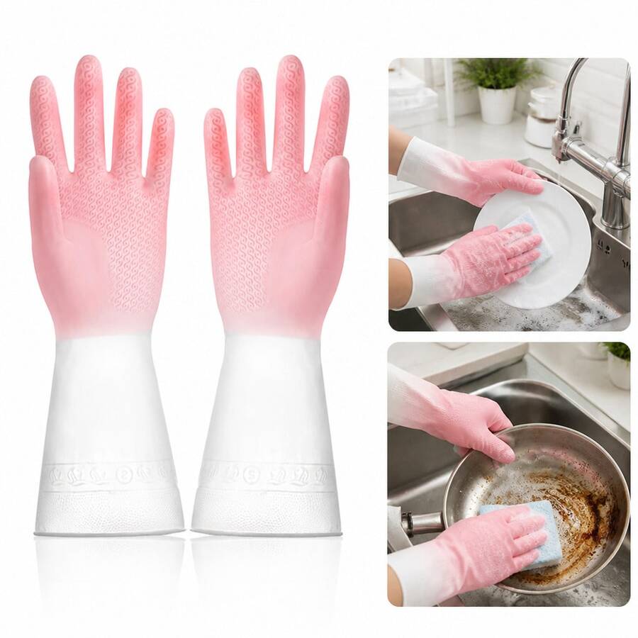 1 Pair Pink PVC Cleaning Gloves, Reusable Household Dishwashing Gloves With Long Cuff And Textured Palm For Kitchen Sink, Dishes, Bowls, Pots, Pans, Bathroom And Laundry Use - Pink (Large) - View 1