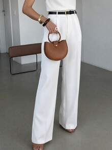 Pantalones anchos de cintura alta y color blanco, de peso ligero, con detalles plisados, esenciales para el transporte y el uso diario (incluye cinturón) - Blanco - Ver 9