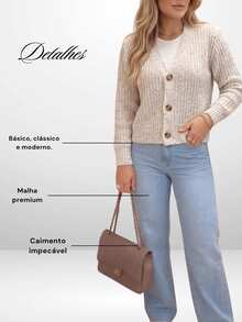Women's Mousse Coat With Buttons, Ribbed Knit, Elegant, Long Sleeve, Basic Blouse For Cold Winter - Natural - Ver 4