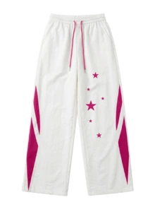 JUTU Loose Fit Colorblock Star Print Ice Silk Thin Drawstring High Waist Casual Pants, Suitable For Spring, Summer And Autumn, Straight Leg Design For Women - White and Red - View 6