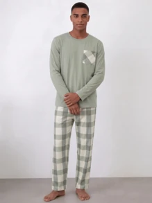 Snug League Bộ đồ ngủ thường ngày cho nam, áo dài tay cổ tròn thoải mái, nhẹ và quần dài, họa tiết kẻ caro, dáng rộng, thời trang xuân/thu, mùa đông - Nhiều màu - Xem 10