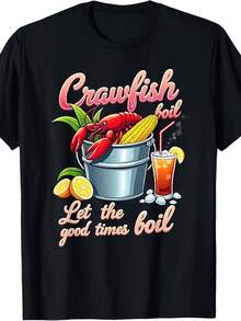 Camiseta gráfica negra con diseño colorido de cocción de cangrejos de río - Cubo plateado centrado con cangrejos de río rojos y mazorca de maíz amarilla, acompañado de una refrescante bebida naranja-roja con rodas de limón, moda urbana, camisetas casuales de uste hoado (para uste hoado - Negro - Ver 2