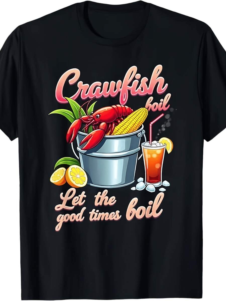 Camiseta gráfica negra con diseño colorido de cocción de cangrejos de río - Cubo plateado centrado con cangrejos de río rojos y mazorca de maíz amarilla, acompañado de una refrescante bebida naranja-roja con rodas de limón, moda urbana, camisetas casuales de uste hoado (para uste hoado