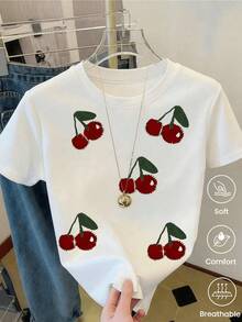 Cerezas rojas brillantes simbolizan energía alegría y dulzura natural destacando un espíritu jovial y fresco ideal para días soleados y momentos casuales camiseta de mujer suave cómoda transpirable - Blanco - Ver 8