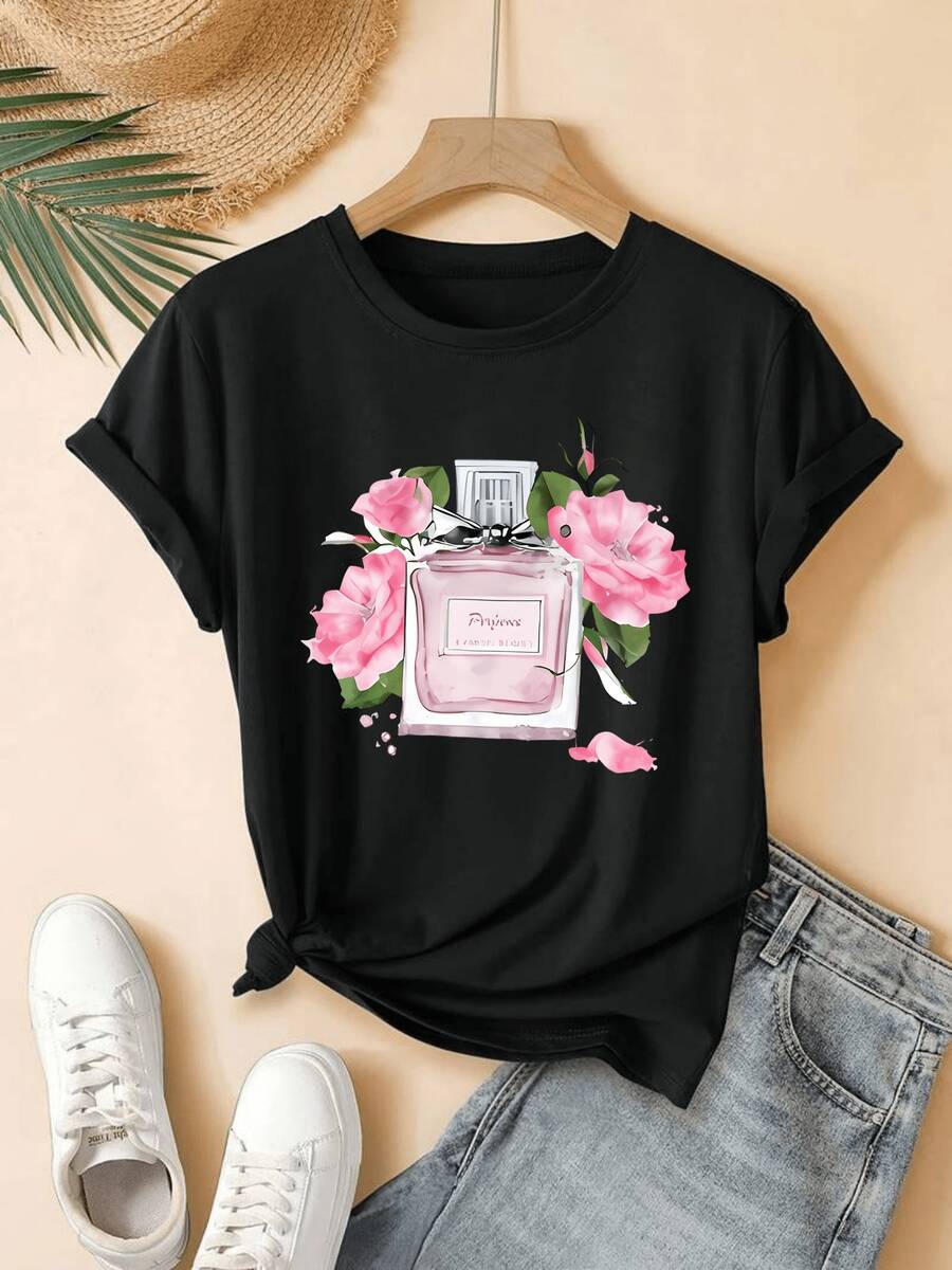 Women's Short Sleeve T-Shirt - Soft Casual Round Neck Top With Short Sleeves, Relaxed H-Line Cut And Waist, Layered Plain T-Shirt, Casual And Festive Outfits - Wardrobe Basic Item_53 - 黑色 - 查看 1