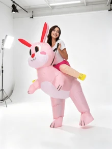 Adult Easter Bunny Costume - Cute Pink Rabbit Inflatable Suit With Red Ears, Yellow Shoes & Orange Accessories, Perfect For Parties & Photo Props, No Battery Needed, Polyester Material, Festive Party Attire | Playful Design | Polyester Inflatable, Bunny Costume - Pink Riding Rabbit - View 2