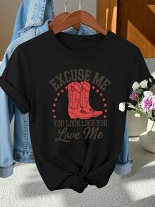 Graphic T-Shirt - Short Sleeve Casual Style With Cowboy Boots And Star Design - Includes The Text 'EXCUSE ME' Above And 'YOU LOOK LIKE YOU Love Me' In Cursive. Abo Styli, Urban Fashion Clothing, Casual Tops (For Hoado Style, Please Refer To The Size Chart) - 黑色 - 查看 1