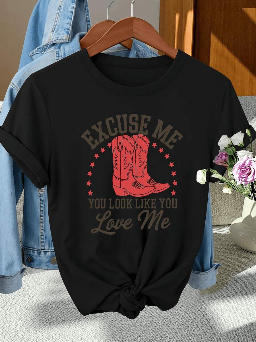 Graphic T-Shirt - Short Sleeve Casual Style With Cowboy Boots And Star Design - Includes The Text 'EXCUSE ME' Above And 'YOU LOOK LIKE YOU Love Me' In Cursive. Abo Styli, Urban Fashion Clothing, Casual Tops (For Hoado Style, Please Refer To The Size Chart) - 黑色 - 查看 1