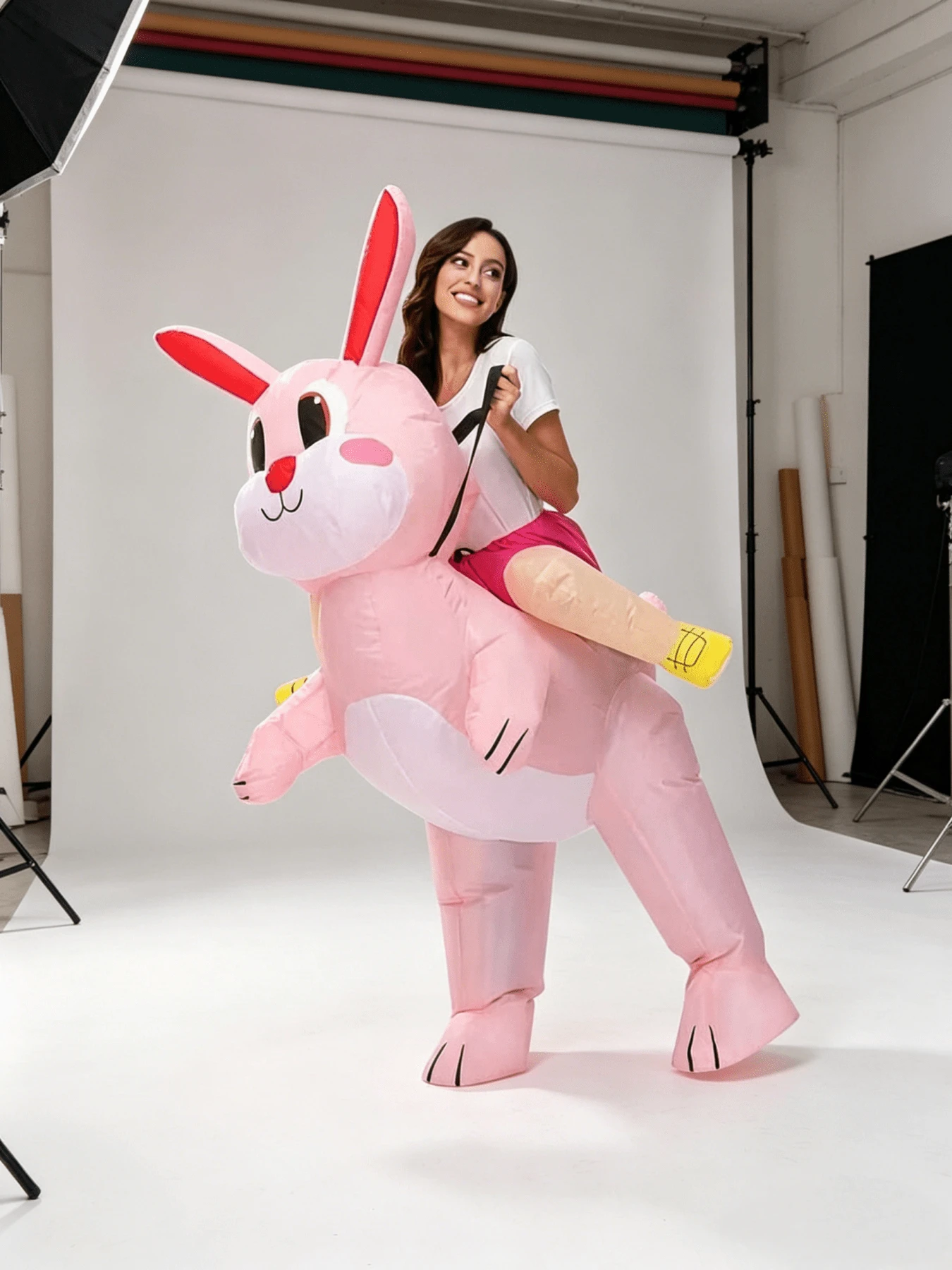 Adult Easter Bunny Costume - Cute Pink Rabbit Inflatable Suit With Red Ears, Yellow Shoes & Orange Accessories, Perfect For Parties & Photo Props, No Battery Needed, Polyester Material, Festive Party Attire | Playful Design | Polyester Inflatable, Bunny Costume - Pink Riding Rabbit - View 1