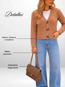 Women's Mousse Coat With Buttons, Ribbed Knit, Elegant, Long Sleeve, Basic Blouse For Cold Winter - Nuevo Beige - Ver 4