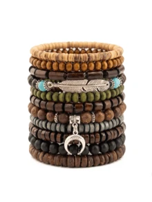 Set de 11 piezas de pulseras con cuentas de madera y cáscara de coco de estilo bohemio, adecuado para el uso diario de los hombres - Multicolor - Ver 9