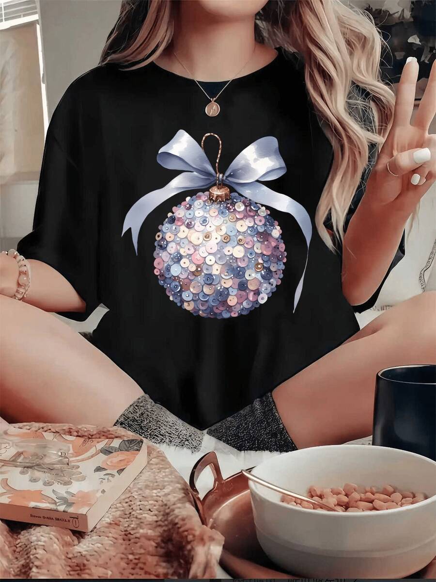 1 Camiseta de Navidad Wowo de 180G con lentejuelas de moda, adorno navideño para reuniones familiares festivas, intercambios de regalos corporativos, ropa de otoño para mujer, camiseta de cuello redondo suave al tacto y cómoda (uste hoado, consulte el gráfico de tallas)