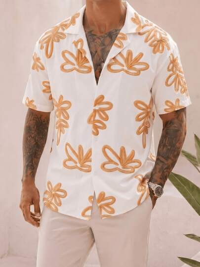 Men's Tropical Floral Print Shirt, White Floral Pattern Top, Loose Fit Camp Collar, Vacation Style, Breathable Summer Holiday Shirt