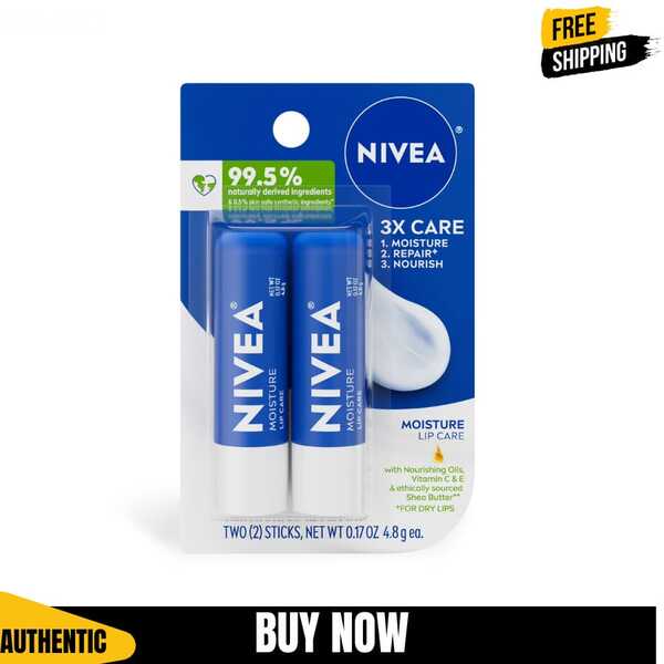  NIVEA Moisture Lip Care Hydrating Lip Balm With Shea Butter, Vitamin C & E, 0.17 Oz Sticks, Pack Of 2