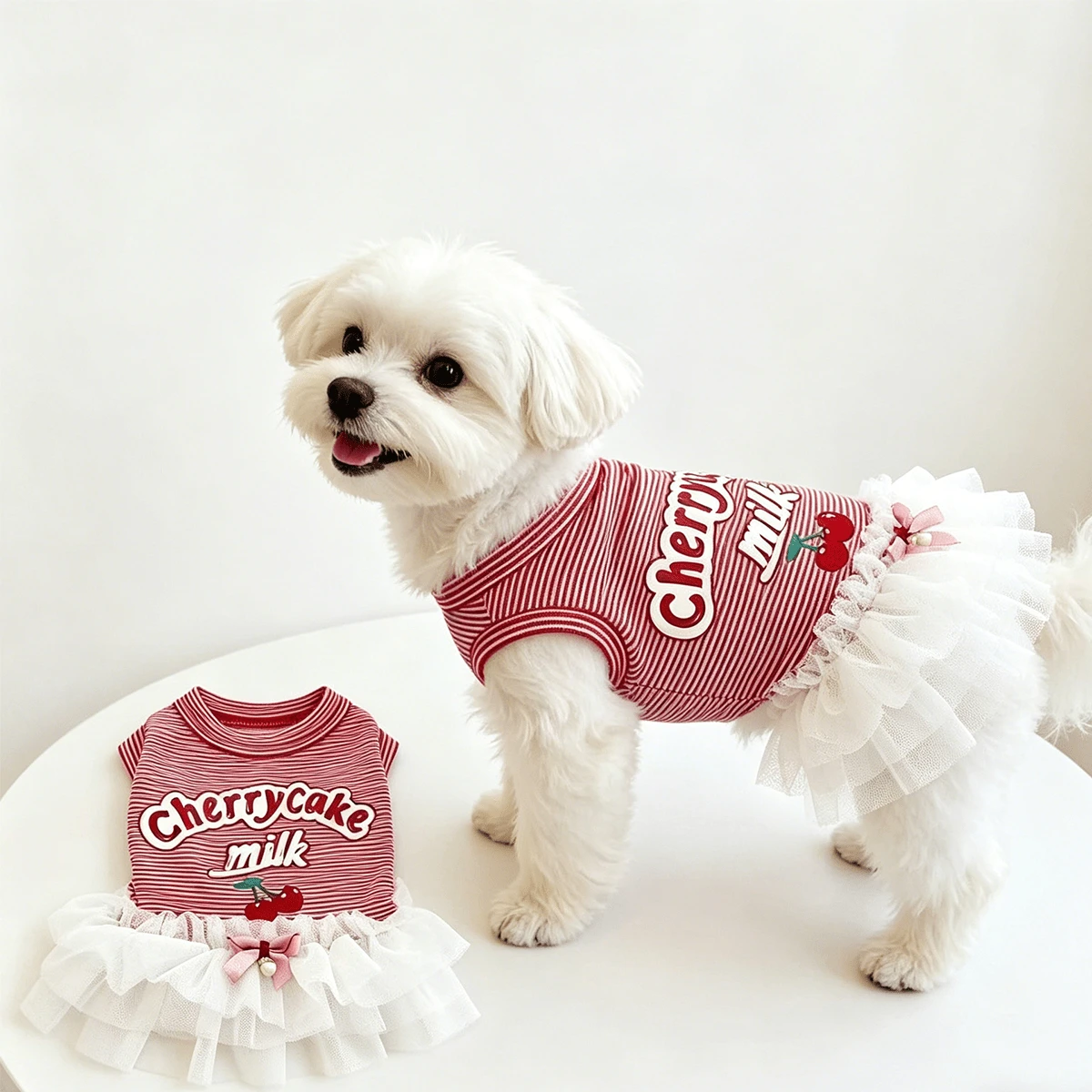 Lightweight Breathable Red Striped Cherry Print Sleeveless Dress Style Pet Clothes For Small/Medium Dogs & Cats, Spring/Summer - Red - View 1