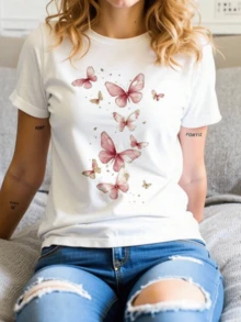 Mariposas rosadas que simbolizan libertad esperanza y transformación volando con brillo dorado evocando la belleza de la naturaleza y la alegría del renacer camiseta de mujer casual cómoda para uso diario - Blanco - Ver 8