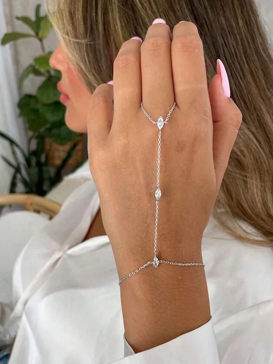 Cubic Connected Finger Chain, Luxury Versatile Party Fashion Fully Paved Rhinestone Hand Accessory, Shiny Minimalist Back Chain Bracelet - Silver - View 1