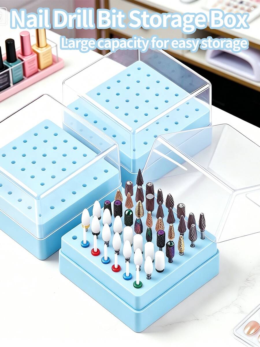 48-Slot Acrylic Nail Drill Bit Storage Rack, Portable Dust-Proof Storage Box Suitable For Nail Polishing Heads, Nail Tool Storage Box With Transparent Lid, Professional Nail Tool Storage Box Suitable For Hair Salons And Home Use - Blue - View 1