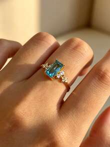 1pc S925 Sterling Silver Inlaid Synthetic Zirconia Teal Geometric Square Ring, Elegant Quality Jewelry For Women's Daily And Party Wear - Yellow Gold - View 12