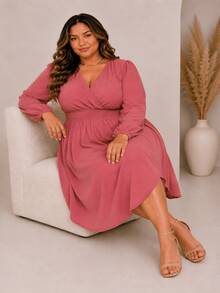 Women's Plus Size Dress With Wrap Neckline, Long Sleeves, Side Slit, Loose Fit, For Parties - Rusty Rose - View 5