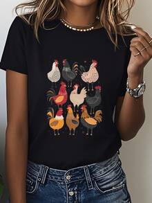 Women's Oversized Rooster Print T-Shirt - Breathable Black Rooster Print T-Shirt, Solid Color Top That Goes With Everything, Suitable For Casual Wear, Summer Essential For Layering, Machine Washable. - 黑色 - 查看 1