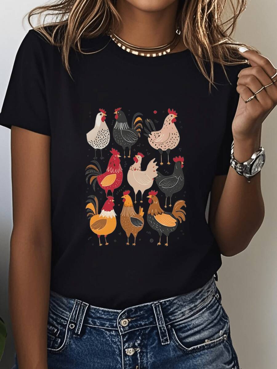 Women's Oversized Rooster Print T-Shirt - Breathable Black Rooster Print T-Shirt, Solid Color Top That Goes With Everything, Suitable For Casual Wear, Summer Essential For Layering, Machine Washable. - 黑色 - 查看 1