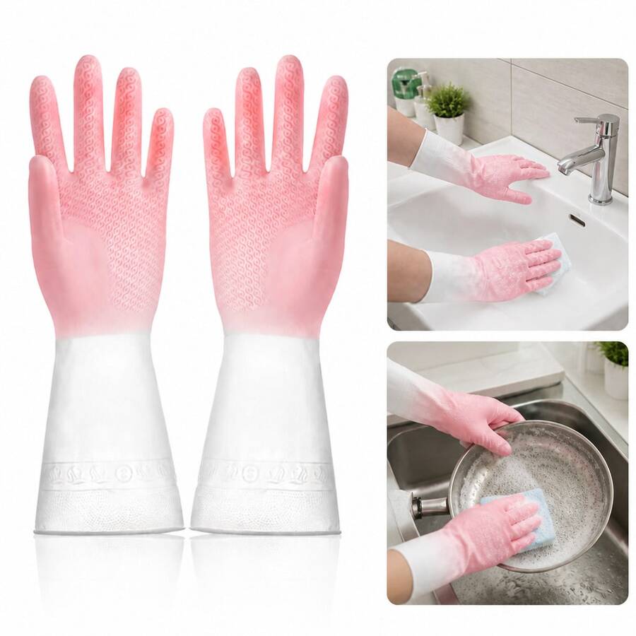 1 Pair Pink PVC Dishwashing Gloves, Long Cuff Reusable Kitchen Cleaning Gloves With Textured Palm Grip For Washing Dishes, Scrubbing Pots Pans, Cleaning Sink, Countertop, Bathroom, Laundry Room And Home Chores, Household Utility Gloves For Daily Use, Wet Cleaning Tasks, Apartment Dorm Kitchen Organizer Add On, Cute Pink Cleaning Gloves For Plates Bowls Cookware Stove Area Vanity And Housework, Home - Pink (Large) - View 1
