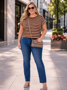 Women's Plus Size Striped Blouse, Black And White, Short Folded Sleeves, Oversized, Comfortable, Casual Urban Fashion, Daily Wear, Vacation, Cold Weather, Winter - 鏽棕色 - 查看 4
