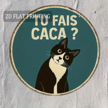 2D平面，8.0英寸圆形铁艺墙饰 - 趣味猫咪标语“Vous Faites Caca?”（你拉屎吗？），适用于客厅、办公室、厨房，幽默墙面艺术，猫咪爱好者礼物，独特家居装饰，猫咪墙画，办公室装饰，2D平面，预钻孔，款式如图所示 - 多色 - 查看 1